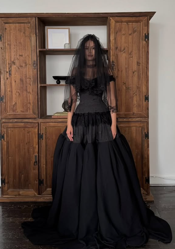 Black Ball Gown Off the Shoulder Satin Lace Prom Dress 16th Birthday Dress SH4658