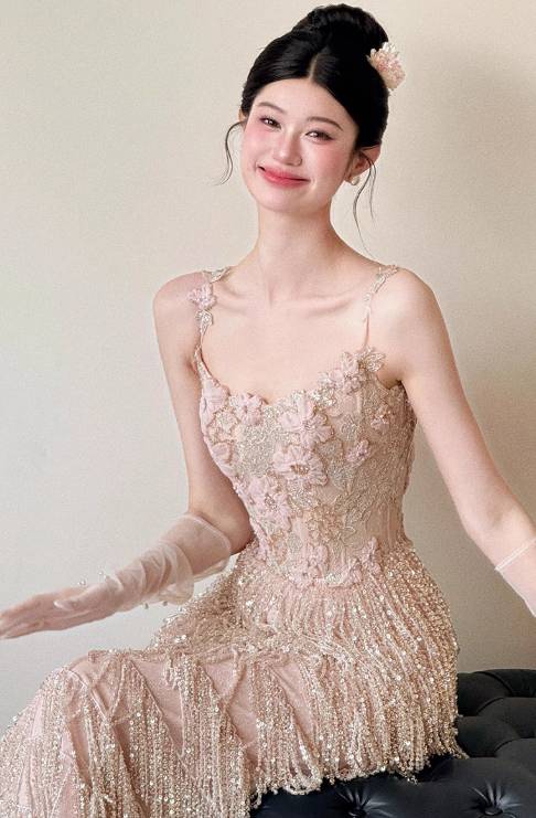 Exquisite Sheath Spaghetti Strap Beaded Tulle Prom Dress Evening Dress Party Dress SH4091