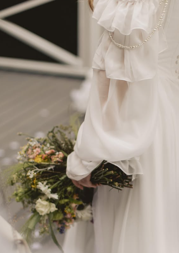 Pretty White A Line Long Sleeve Pearl Chiffon Prom Dress Wedding Dress SH6704