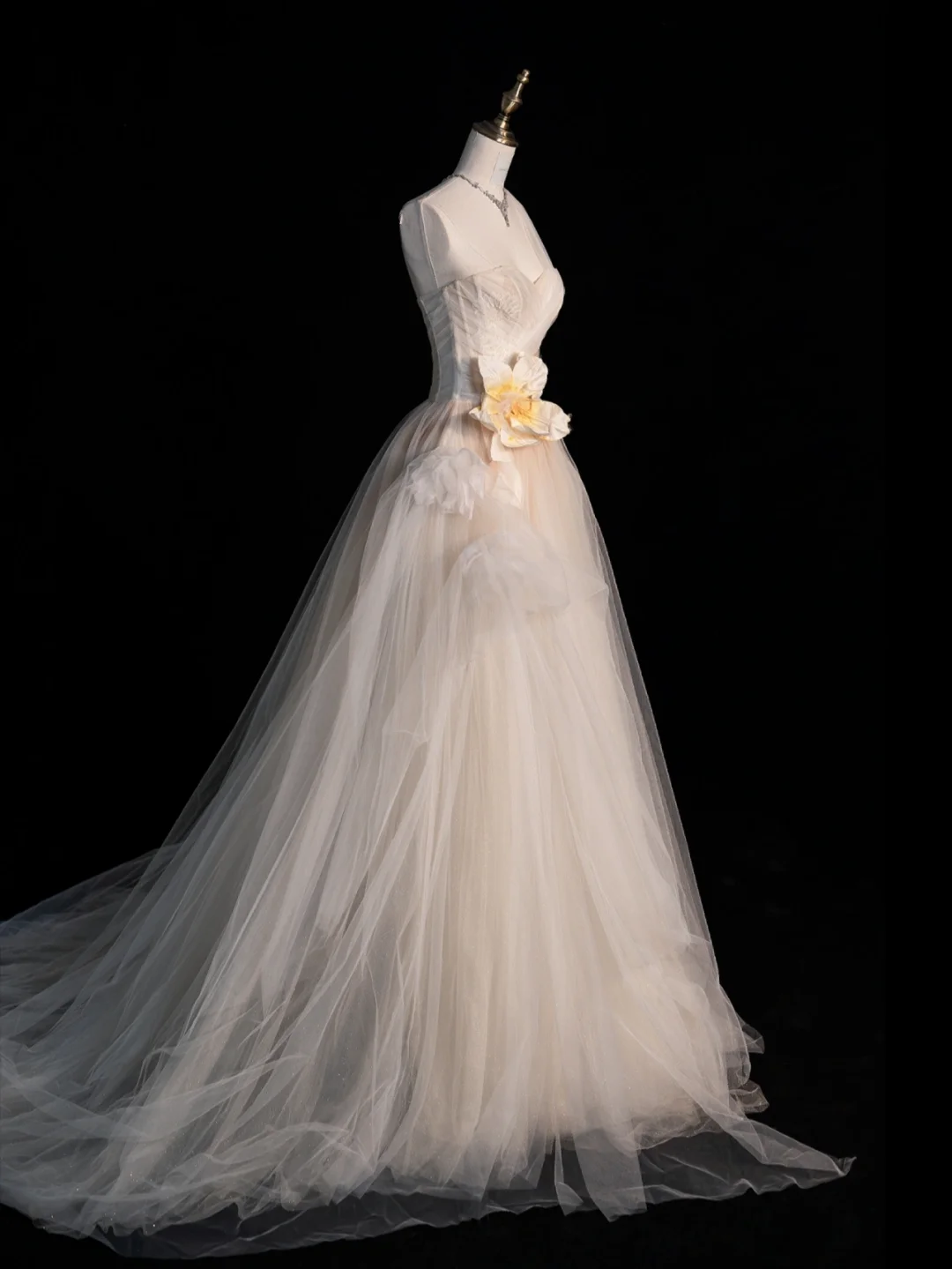 Gentle A Line One Shoulder Flower Tulle Long Party Dress Evening Dress SH2813