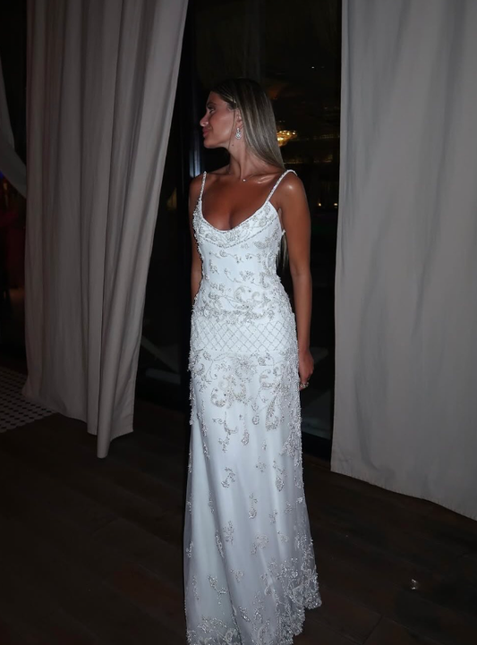 Exquisite A Line Spaghetti Strap Pearl Beaded White Tulle Prom Dress Wedding Guest Dress SH4721