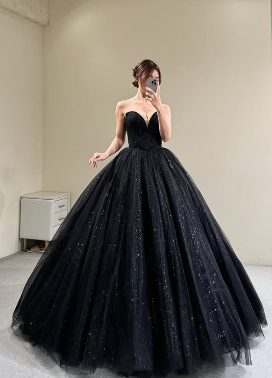 Simple Ball Gown Sweetheart Neck Sequin Black Tulle Prom Dress Evening Dress SH5103