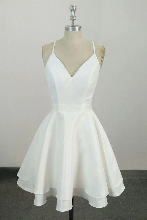 Elegant White V Neck Knee Length Short Prom Dress Homecoming Dress SH1392