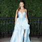 Baby Blue A Line V Neck Satin Short Long Prom Dress Evening Dress SH2202