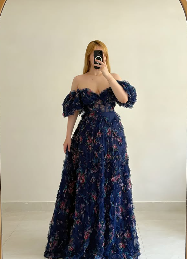 Navy Blue A Line Off the Shoulder Print Floral Tulle Long Prom Dress Evening Dress SH6884