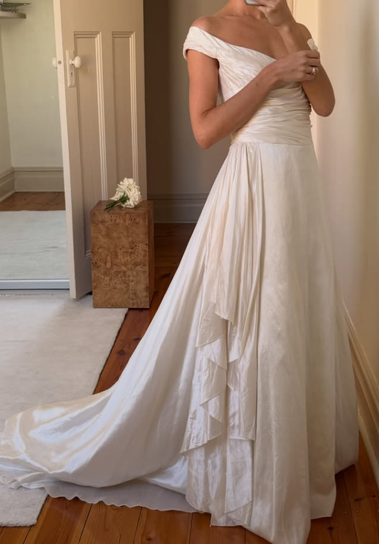 Vintage A Line Off the Shoulder Ivory Pleated Satin Wedding Dress SH8473