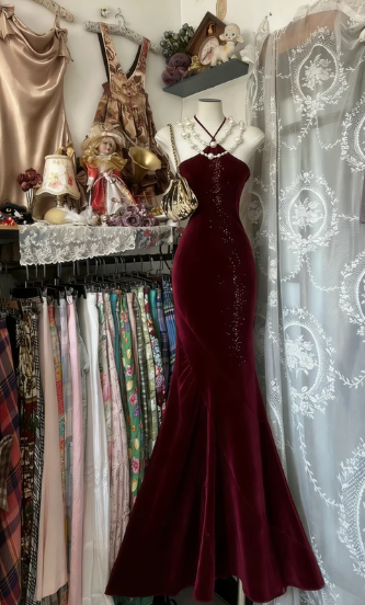 Vintage Blue Mermaid Long Prom Dresses Beaded Satin Evening Dresses Birthday Dresses SH5042