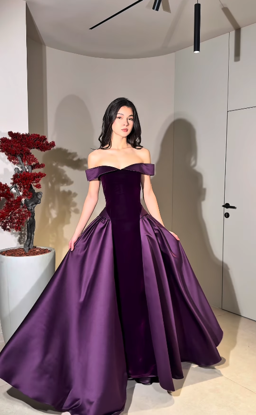 Elegant Purple A Line Off the Shoulder Velvet Satin Long Prom Dress Evening Dress SH6746