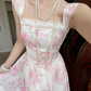 Sweety Pink Print Floral A Line Straps Chiffon Prom Dress Evening Dress SH6766