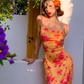 Sexy Sheath Spaghetti Straps Orange Print Floral Satin Long Prom Dress Outfits SH4331