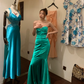Vintage Mermaid Sweetheart Neck Pleated Green Satin Long Party Dress Cocktail Dress SH2946