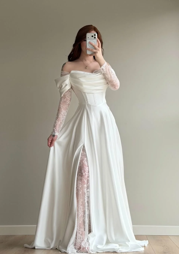 Elegant White A Line Long Sleeve Lace Satin Prom Dress Wedding Guest Dress SH5395