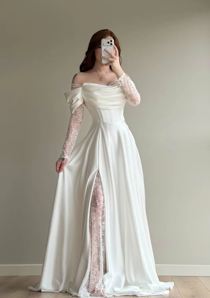 Elegant White A Line Long Sleeve Lace Satin Prom Dress Wedding Guest Dress SH5395
