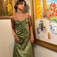 Green Vintage Printed Satin Party Dress Midi Length Formal Prom Dress  SH1246