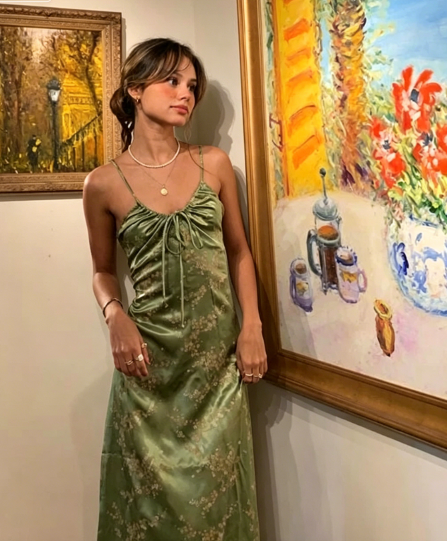 Green Vintage Printed Satin Party Dress Midi Length Formal Prom Dress  SH1246