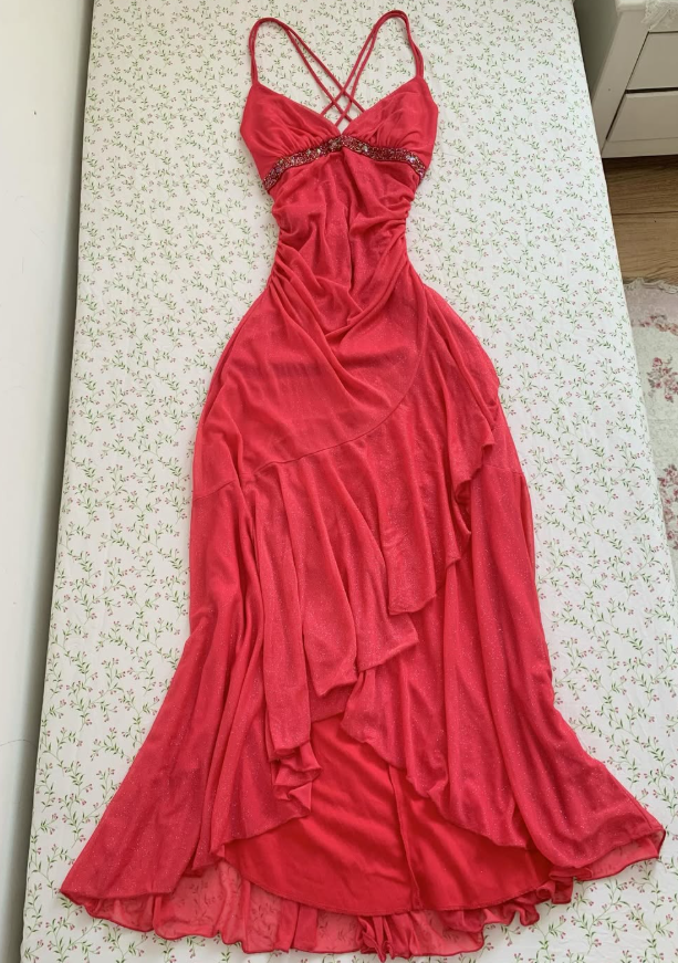 Vintage A Line Spaghetti Strap Watermelon Red Tulle Prom Dress Party Dress SH7416