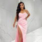 Pink A Line Strapless Corset Satin Long Prom Dress Evening Dress with Slit SH1913