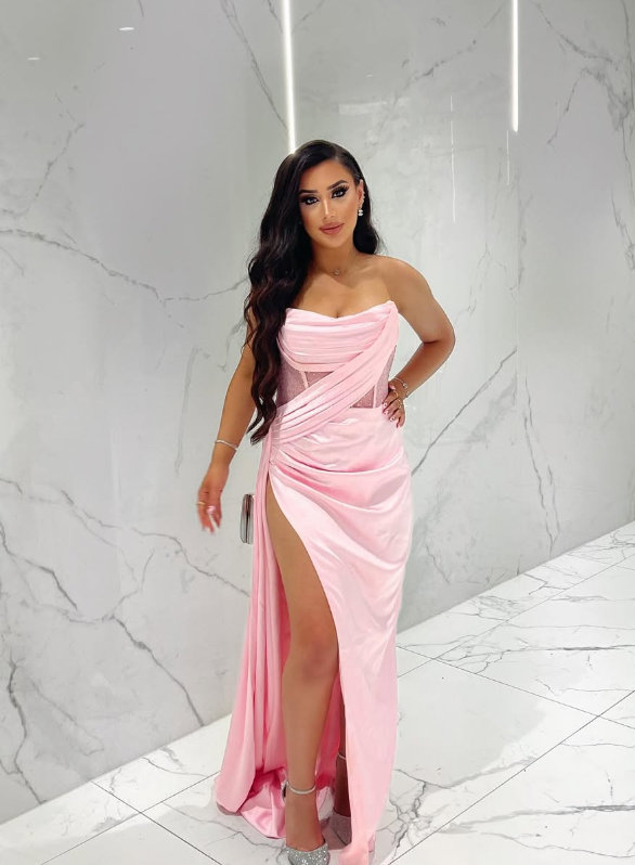 Pink A Line Strapless Corset Satin Long Prom Dress Evening Dress with Slit SH1913