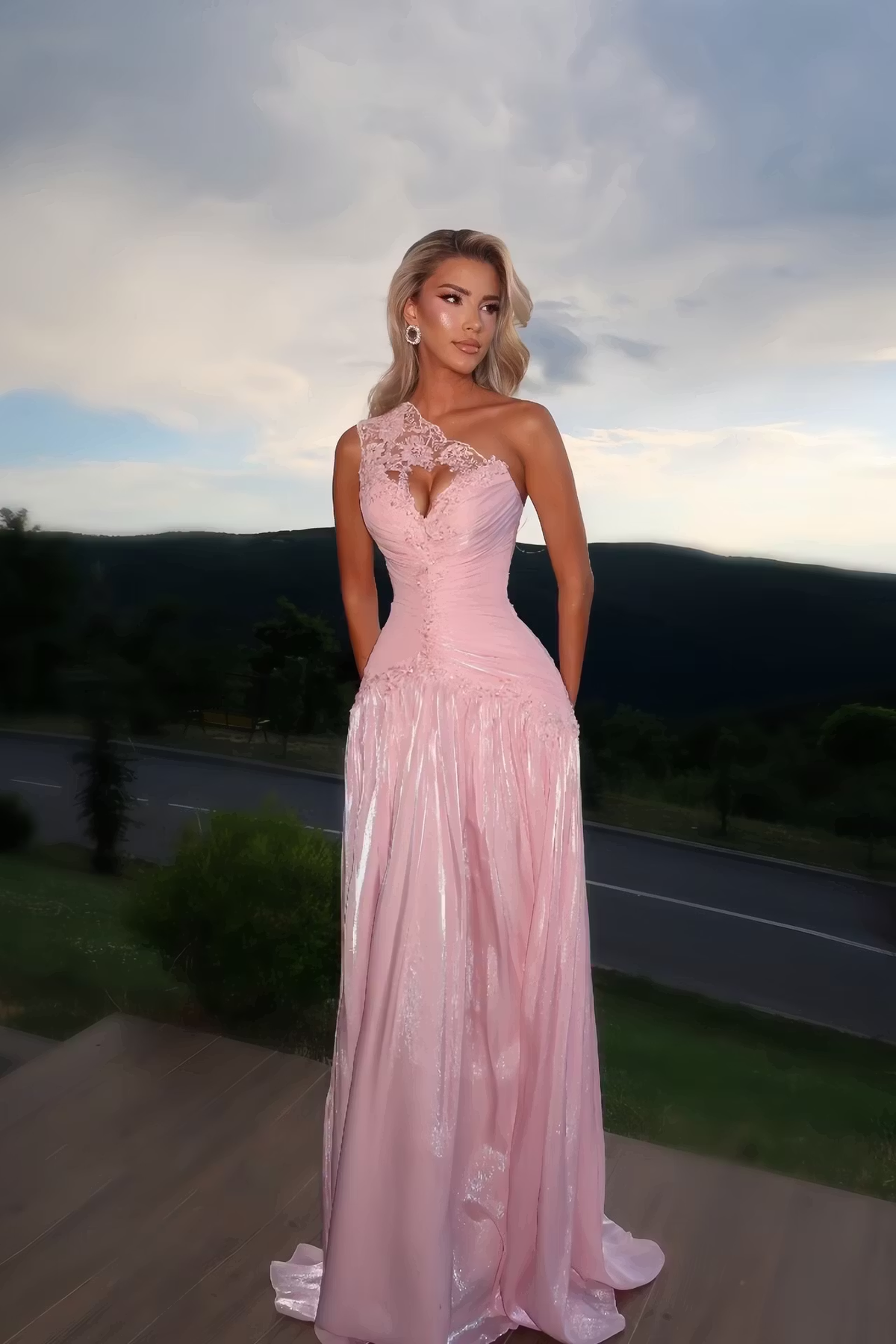 Ethereal A Line One Shoulder Pink Lace Satin Prom Dress Evening Dress SH8564