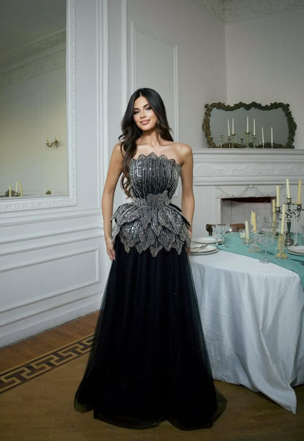 Charming Black A Line Strapless Layered Sequin Tulle Prom Dress Evening Dress SH6435
