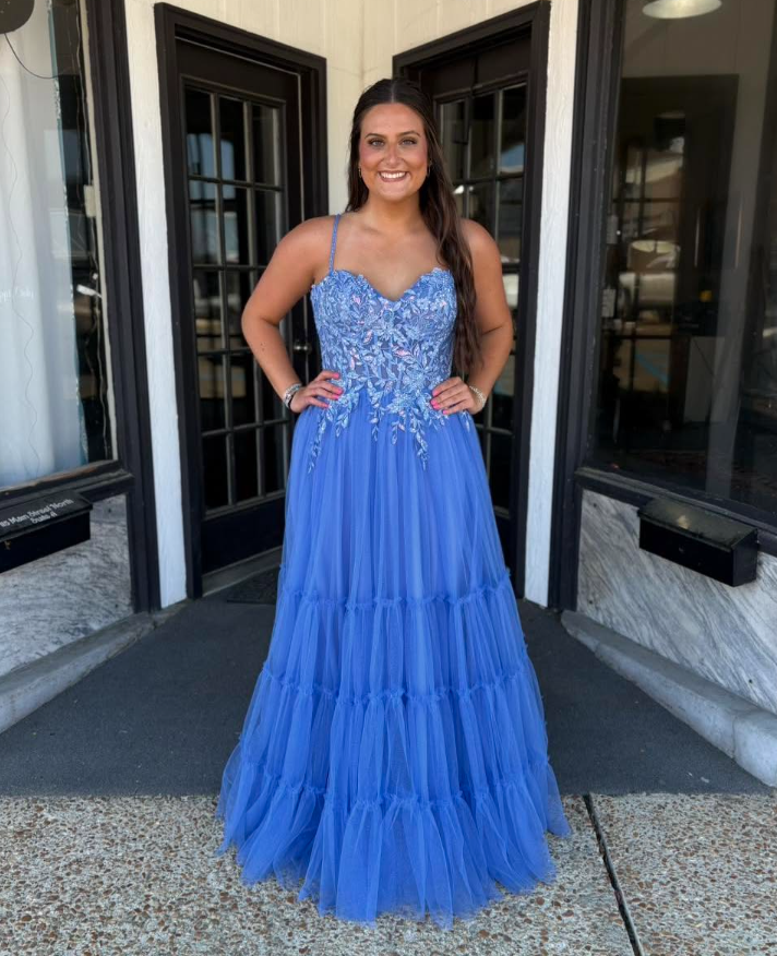 Beautiful A Line Spaghetti Strap Blue Appliques Tulle Prom Dress Party Evening Dress SH7249