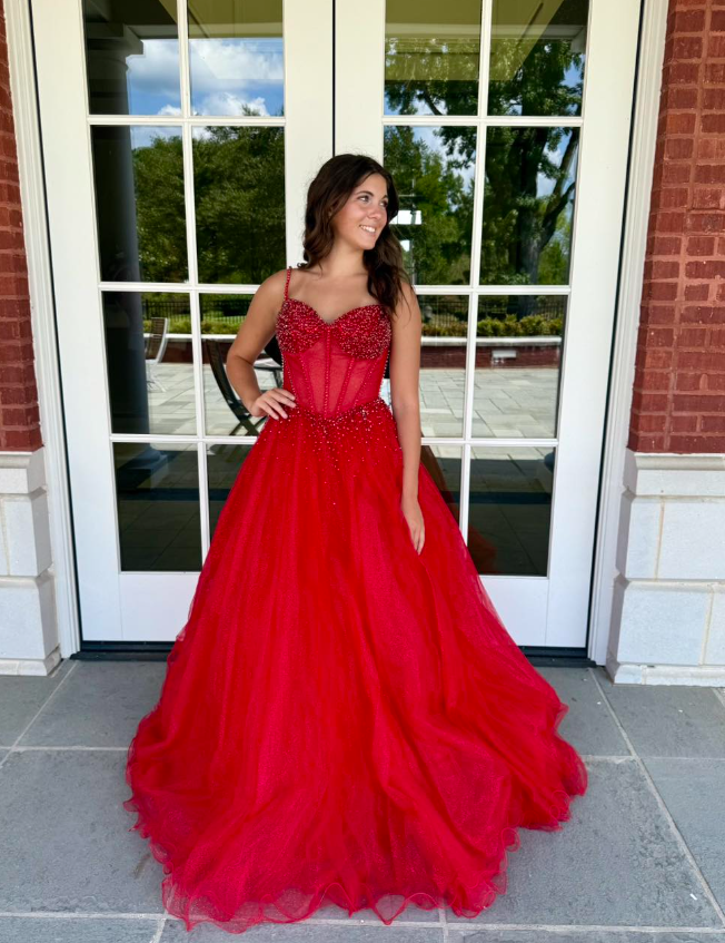 Charming Red A Line Spaghetti Strap Beaded Tulle Long Prom Dress Evening Dress SH6810