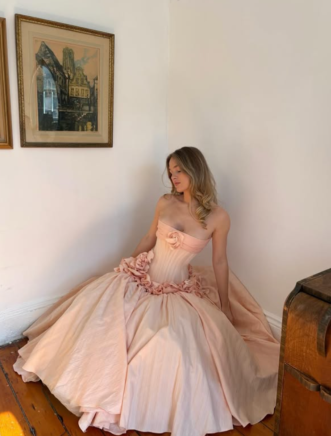 Light Pink Princess A Line Strapless 3D Flower Satin Long Prom Dress Evening Dress SH6060