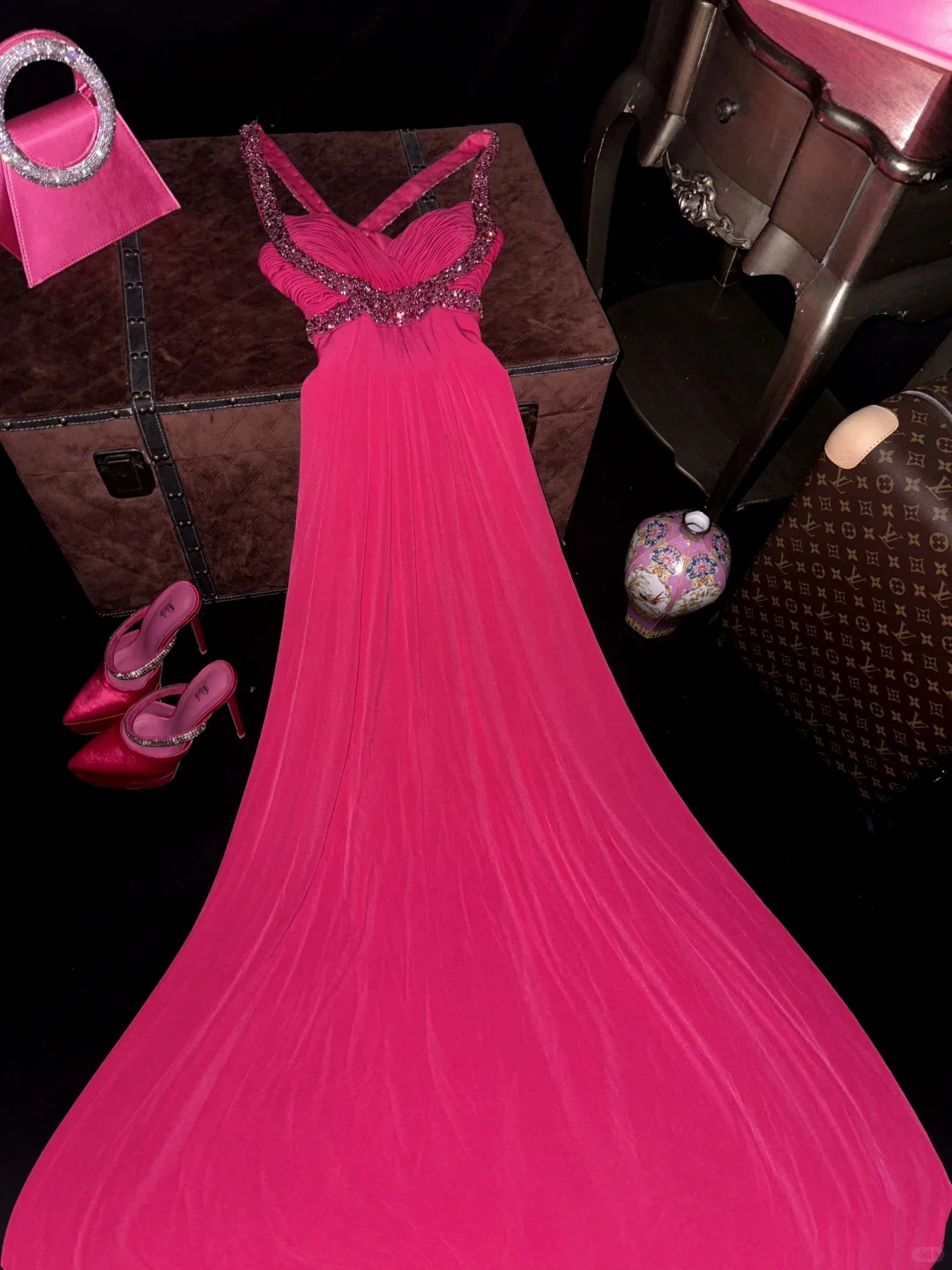 Hot Pink A Line Halter Beaded Chiffon Backless Party Dress Evening Dress SH3227