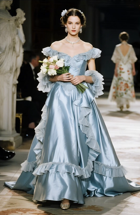 Cute Blue Vintage Ball Gown Off the Shoulder Ruffle Satin Long Prom Dress SH5086