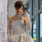 Retro Dazzling Exquisite Rhinestone A Line Strapless Apricot Satin Long Train Wedding Dress SH6092