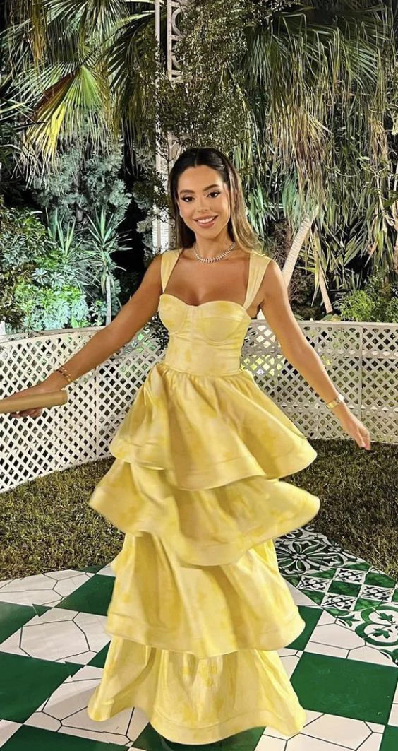 Yellow Layered Satin Long A Line Prom Dress SH1001
