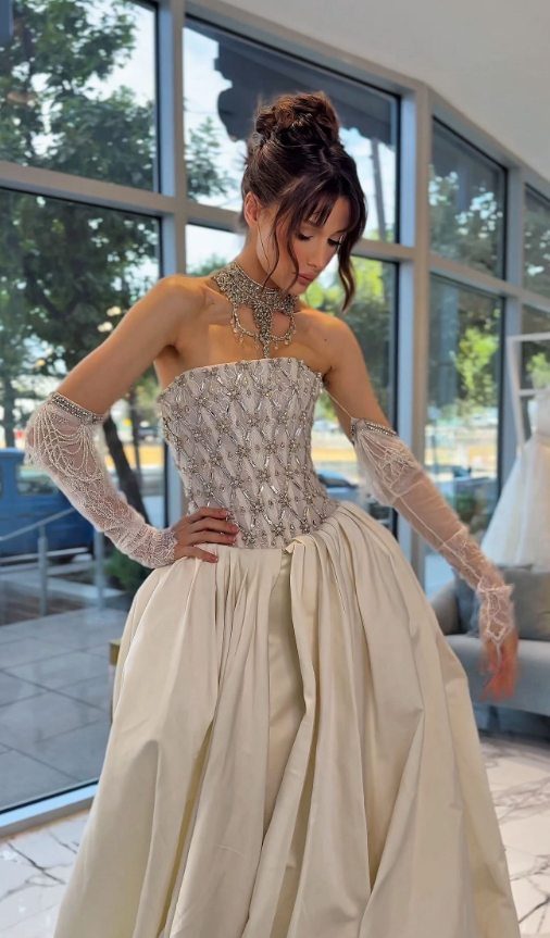 Retro Dazzling Exquisite Rhinestone A Line Strapless Apricot Satin Long Train Wedding Dress SH6092