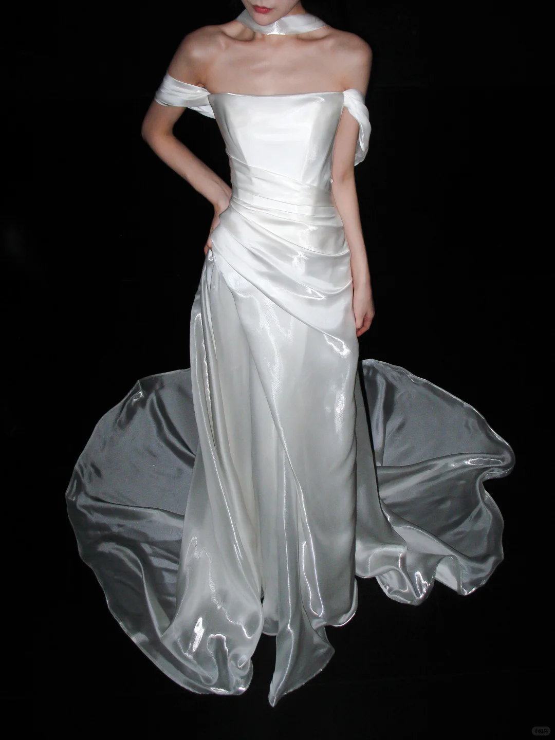 Elegant A Line Off the Shoulder White Pleated Satin Long Wedding Dress SH8906