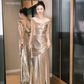 Shiny A Line Straps Golden Sequin Long Party Dress Wedding Guest Dress with Slit SH2929