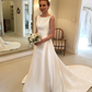 Cute Bow A Line Round Neck White Satin Backless Long Wedding Dress SH5307