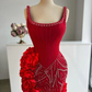 Stunning Sheath Straps Beaded Red Satin Tulle Short Homecoming Dress Cocktail Dress SH3195