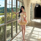 Golden A Line Sweetheart Neck Lace Satin Short Prom Dress Homecoming Dress SH4461