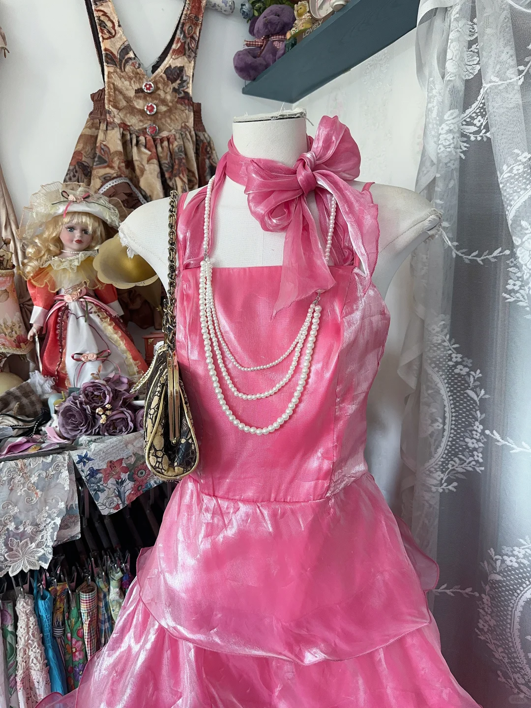 Pink Vintage A Line Straps Layered Organza Long Prom Dress SH5252