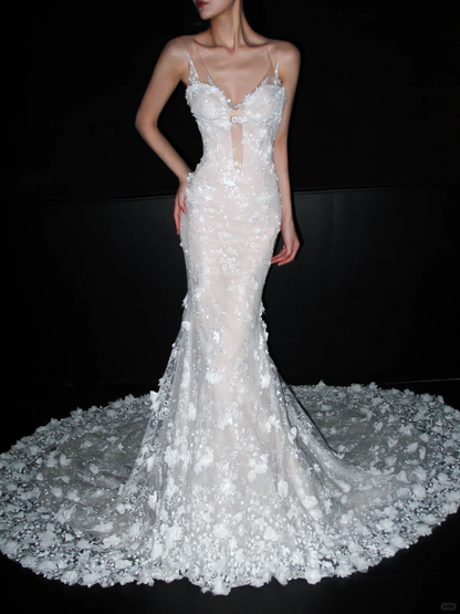 Glamorous Mermaid V Neck Floral Lace Tulle Long Wedding Dress SH5960