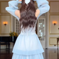 Blue A Line Long Sleeve Lace Layered Chiffon Long Prom Dress Outfits SH4779