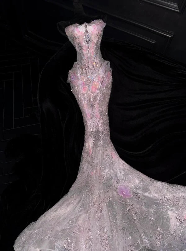 Stunning Pink Mermaid Strapless Exquisite Beaded Floral Tulle Prom Dress Evening Dress SH7170