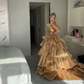 Luxurious Gold Strapless Pleated Irregular Neck Layered Prom Dress Ball Gown Quinceañera Party Dress SH1016