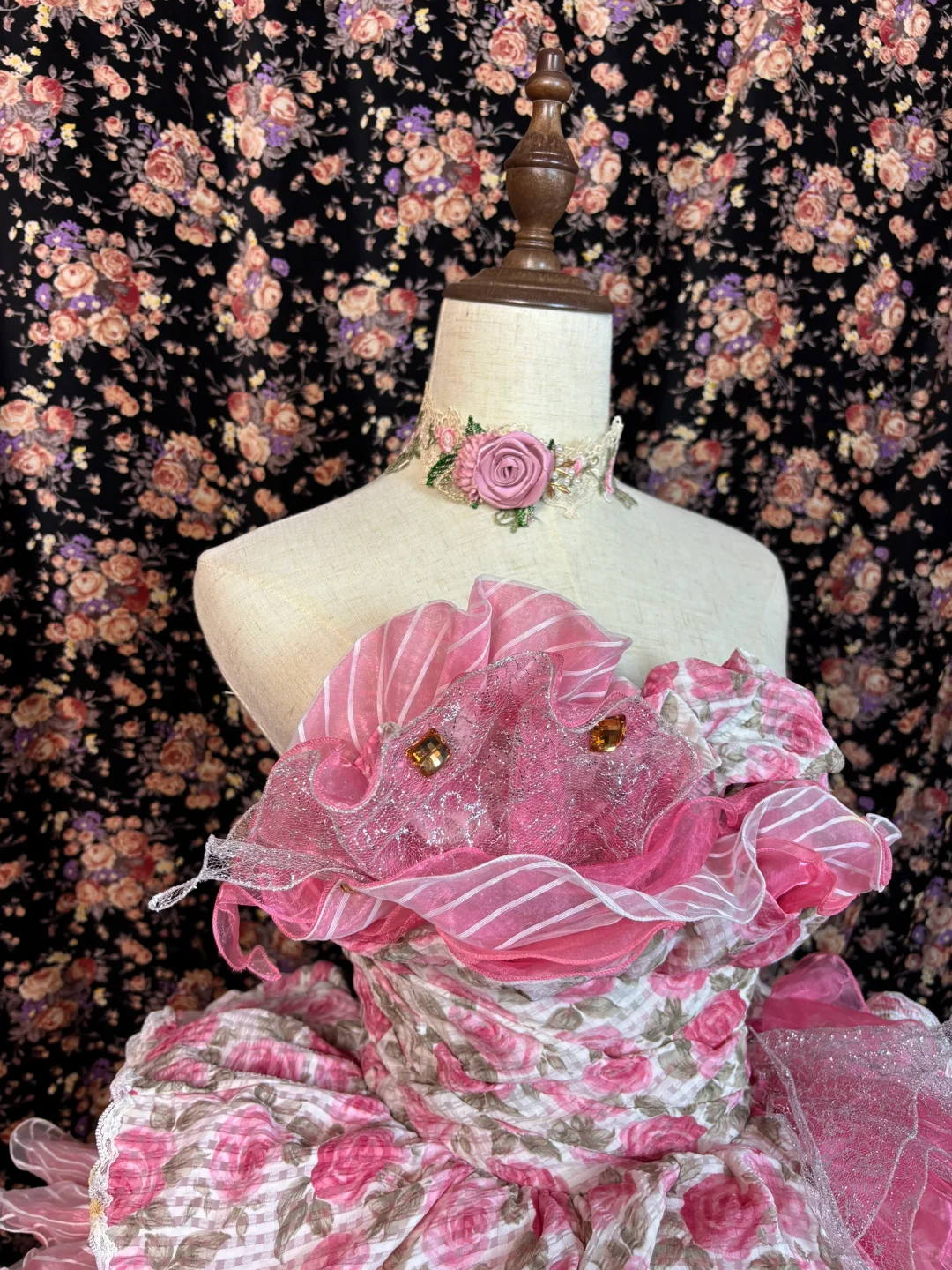 Vintage Pink Print Floral Ball Gown Strapless Layered Tulle Prom Dress Sweet 16 Dress SH5776