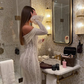 2025 New Sheath Long Sleeve White Lace Long Prom Dress Evening Dress SH2295