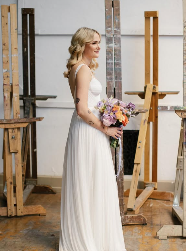 Flowy A Line Spaghetti Strap White Chiffon Wedding Dresses with Slit SH4702