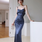 Simple Navy Blue Mermaid Spaghetti Strap Satin Open Back Long Evening Dress Gown Dress SH3583