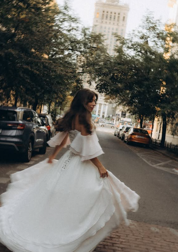 Ethereal Timeless A Line Off the Shoulder White Layered Chiffon Prom Dress Wedding Dress SH6685