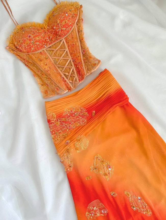 Two Piece Orange Ombre Appliques Lace Chiffon Prom Dress Evening Party Gowns SH3534