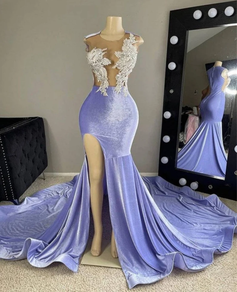 Gorgeous Sequin Applique Velvet Slit Mermaid Prom Dress  SH622