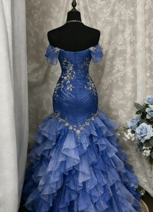 Blue Dreamy Mermaid Exquisite Beaded Layered Ruffle Tulle Prom Dress Evening Gown SH5422